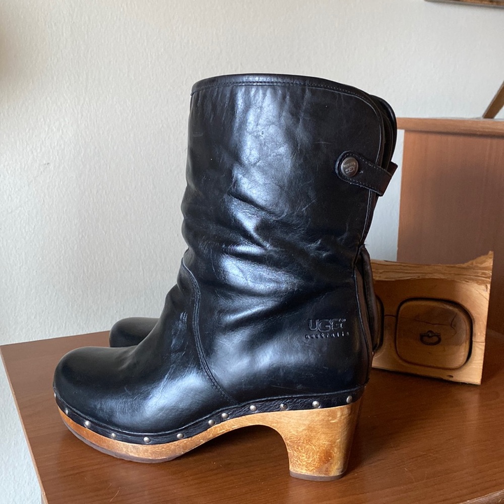 UGG Black Leather Ankle Booties with Wooden Platform